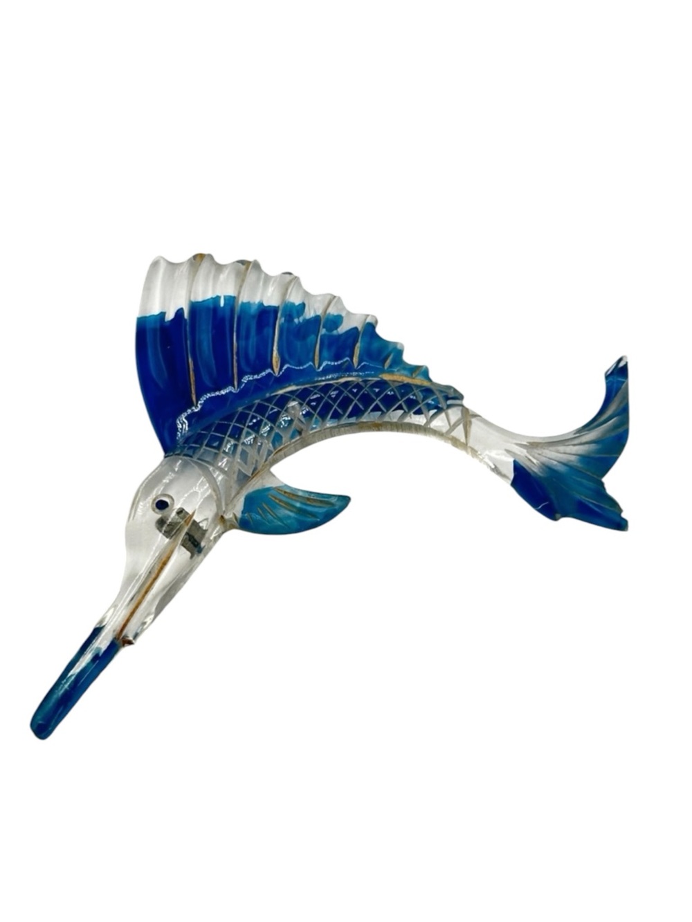 Huge Vintage Reverse Carved & Painted Lucite Swordfish Brooch
